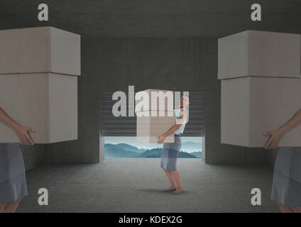 Digital composite of Businesswoman transparent with boxes in garage landscape Stock Photo