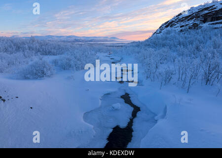 Sunrise on the frozen river and forest, Abisko, Kiruna Municipality, Norrbotten County, Lapland, Sweden Stock Photo