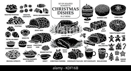 Set of isolated silhouette traditional Christmas dishes in 27 menu. Cute hand drawn vector illustration in white outline and black plane on white back Stock Vector