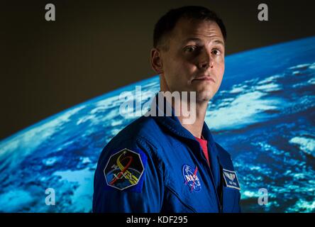 NASA astronaut Nick Hague trains at the Johnson Space Flight Center in preparation for his 2018 flight to the International Space Station aboard the Soyuz-56S spacecraft with Expedition 57/58 April 26, 2017 in Houston, Texas.   (photo by J.M. Eddins Jr. via Planetpix) Stock Photo