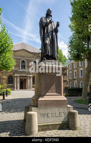 LONDON, UK - AUGUST 25, 2017:  Statue of John Wesley in front of Wesley's Chapel, City Road Stock Photo