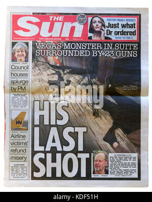The Sun newspaper headline after the Las Vegas mass shooting on 1st October 2017, showing the dead body of Stephen Paddock in his hotel room Stock Photo