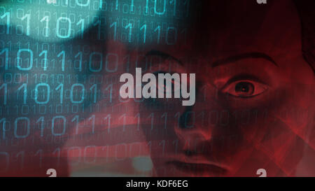 Cyber security creative concept, sad robots cyberattack Stock Photo
