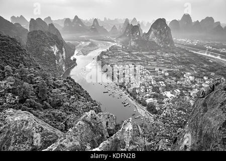 Black and white picture of Li River seen from Lao Zhai Shan, Xingping, China. Stock Photo