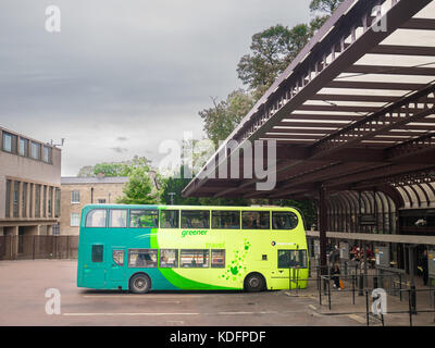 Double decker bus waits at the Central bus station, Cambridge, England. Stock Photo