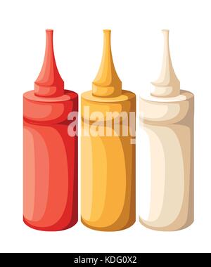Vector Set of Blank Plastic White Red Yellow Mayonnaise Mustard Ketchup Bottle for Branding without label Isolated on Background Web site page and mob Stock Vector