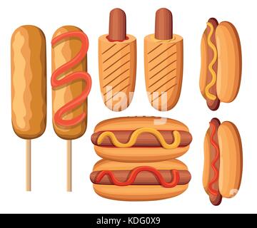 Hot Dog Variations. Sausage, Bratwurst and other vector illustrations of Junk Food Fast food restaurant menu colorful icons collection vector illustra Stock Vector