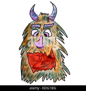 hairy monster with horns yellow watercolor cartoon drawing isolated on white background Stock Photo