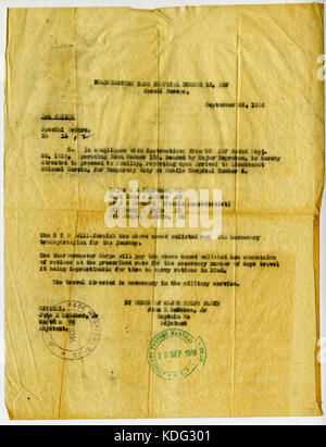 This is an extract from Special Orders No. 12, issued by the Headquarters Base Hospital No. 15 in 1918, detailing military medical operations during World War I. Stock Photo
