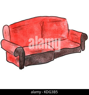 watercolor cartoon drawing red sofa isolated white background Stock ...