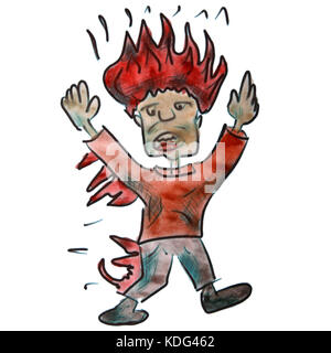 watercolor man fire red cartoon figure, isolated on white background Stock Photo