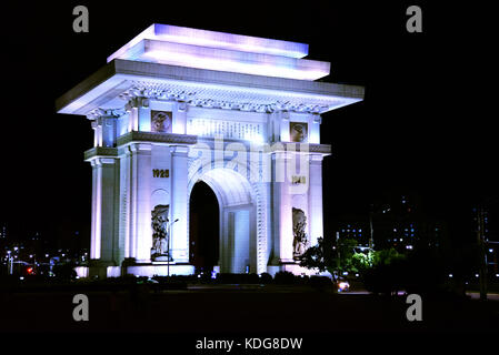 Pyongyang's Arc of Triumph is inspired by Paris's Arc de Triomphe, it is the second tallest triumphal arch in the world. Stock Photo