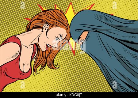 conflict between the Western and Eastern woman. Tolerance and discrimination. Politics in society. Pop art retro vector Illustrator Stock Vector