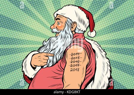 Santa Claus with tattoos 2018. New year and Christmas. Pop art retro vector Illustrator Stock Vector