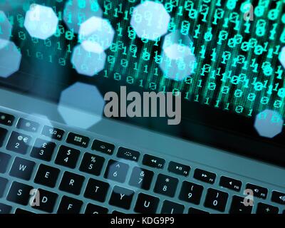 Fibre optic data containing a computer virus hitting a laptop screen. Stock Photo