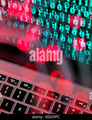 Fibre optic data containing a computer virus hitting a laptop screen. Stock Photo