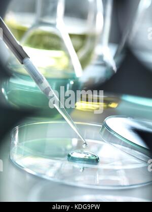 Pipette adding a solution to a sample during an experiment in the ...