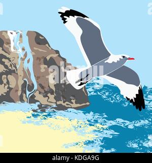 Coast. Marine. Ocean Beach, rock in the sea. Gull and Sea, waterfall Stock Vector