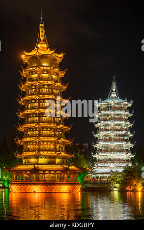 Sun and Moon Pagodas on Shan Lake, Guilin, Guangxi, China Stock Photo
