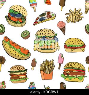Seamless various food background in doodle style. Vector illustration Stock Vector