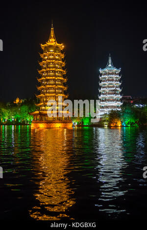 Sun and Moon Pagodas on Shan Lake, Guilin, Guangxi, China Stock Photo