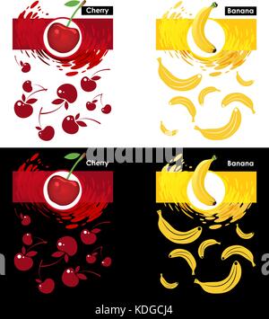 Set label icon of cherry and banana fruit on white and black, pattern cherry and banana, splash backdrop Stock Vector