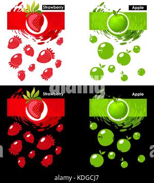 Set label icon of strawberry and apple fruit on white and black, pattern strawberry and apple, splash backdrop Stock Vector