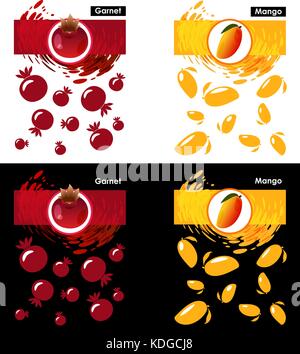 Set label icon of garnet and mango fruit on white and black, pattern garnet and mango, splash backdrop Stock Vector