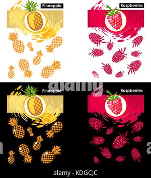 Set label icon of fruits on white and black, pattern raspberry and pineapple, splash backdrop Stock Vector