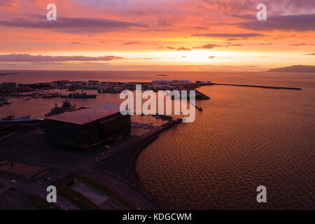 Aerial photo of Reykjavik Harbor at sunset Stock Photo