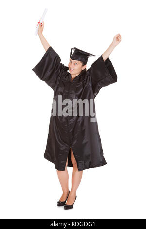 Excited Graduate Woman Holding Certificate on white background Stock Photo