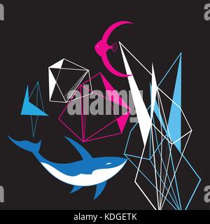Abstract graphic background from geometric shapes and fish on black Stock Vector
