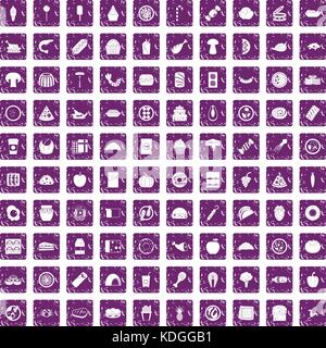 100 meal icons set grunge purple Stock Vector