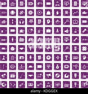 100 media icons set grunge purple Stock Vector