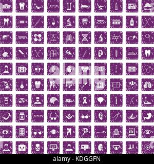 100 medical icons set grunge purple Stock Vector