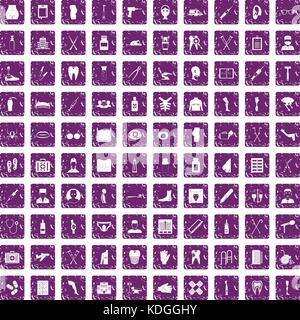 100 medical care icons set grunge purple Stock Vector