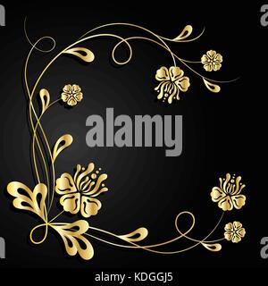 Gold flowers with shadow on dark background. Stock Vector