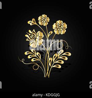 Gold flowers with shadow on dark background. Stock Vector