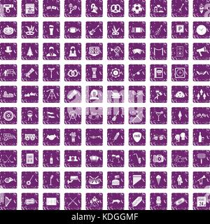 100 meeting icons set grunge purple Stock Vector