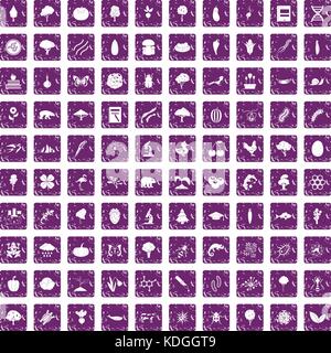100 microbiology icons set grunge purple Stock Vector