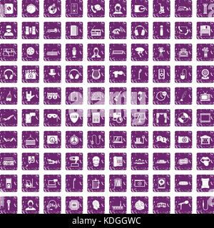 100 microphone icons set grunge purple Stock Vector