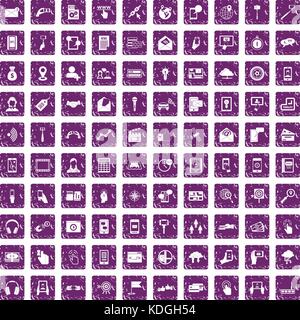 100 mobile icons set grunge purple Stock Vector