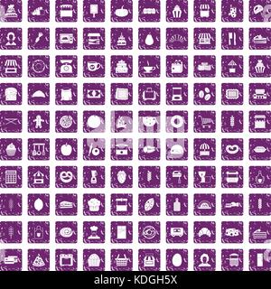 100 bakery icons set grunge purple Stock Vector