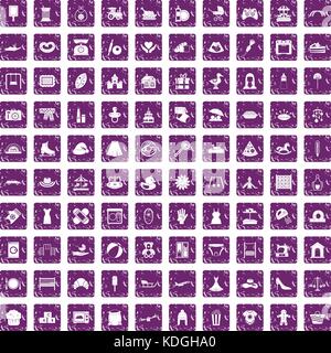 100 motherhood icons set grunge purple Stock Vector