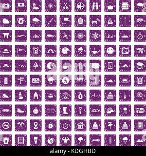 100 mountaineering icons set grunge purple Stock Vector
