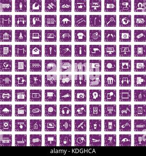 100 multimedia icons set grunge purple Stock Vector