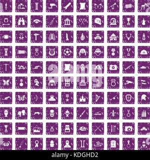 100 museum icons set grunge purple Stock Vector