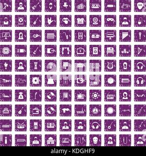 100 music icons set grunge purple Stock Vector