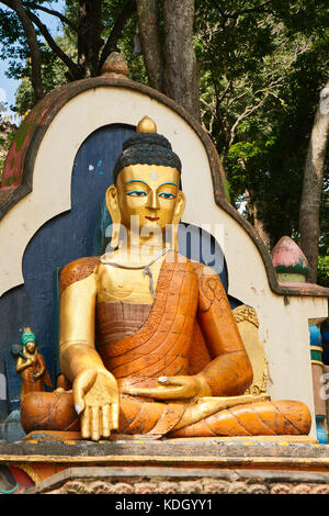 The Buddha statue in a temple complex Swayambhunath Stock Photo