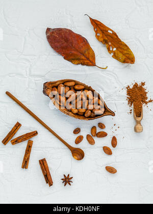 Desserts background and Desserts menu design . Brown chocolate powder in spoon . Roasted cocoa beans in the dry cocoa pod , star anise and cinnamon st Stock Photo